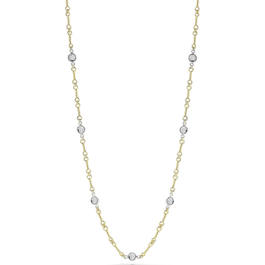 18K Gold 7 Station Diamond Necklace On Dog Bone Link Chain