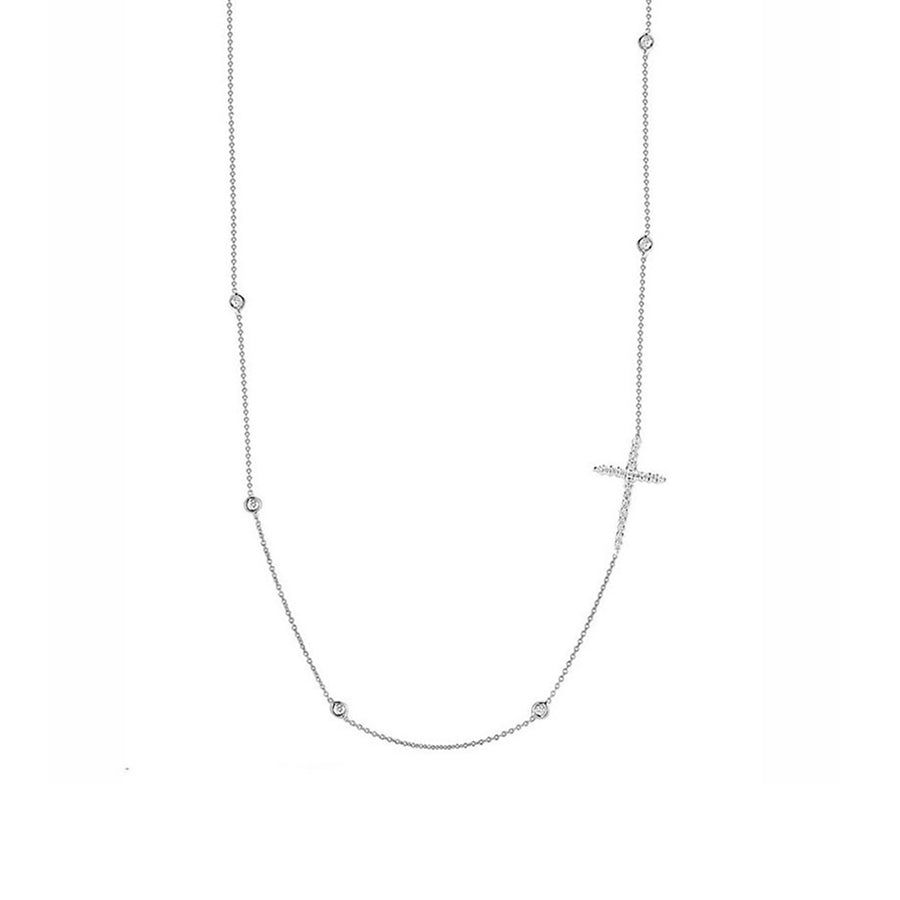 18K White Gold Cross Station Necklace