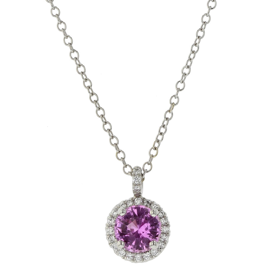 Pink Sapphire and Diamond Halo Pendant Necklace