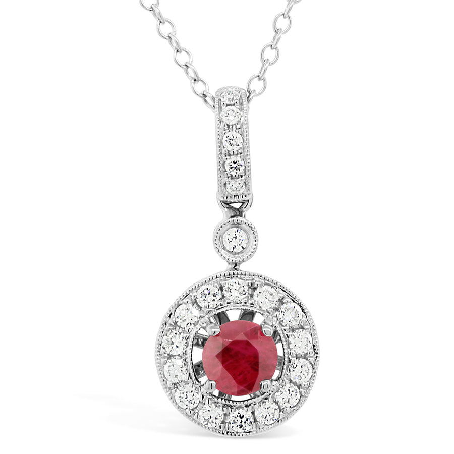 18K White Gold Ruby and Diamond Halo Pendant Necklace