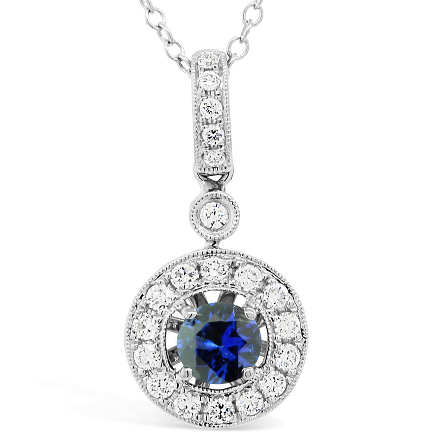 18K White Gold Sapphire and Diamond Halo Pendant Necklace