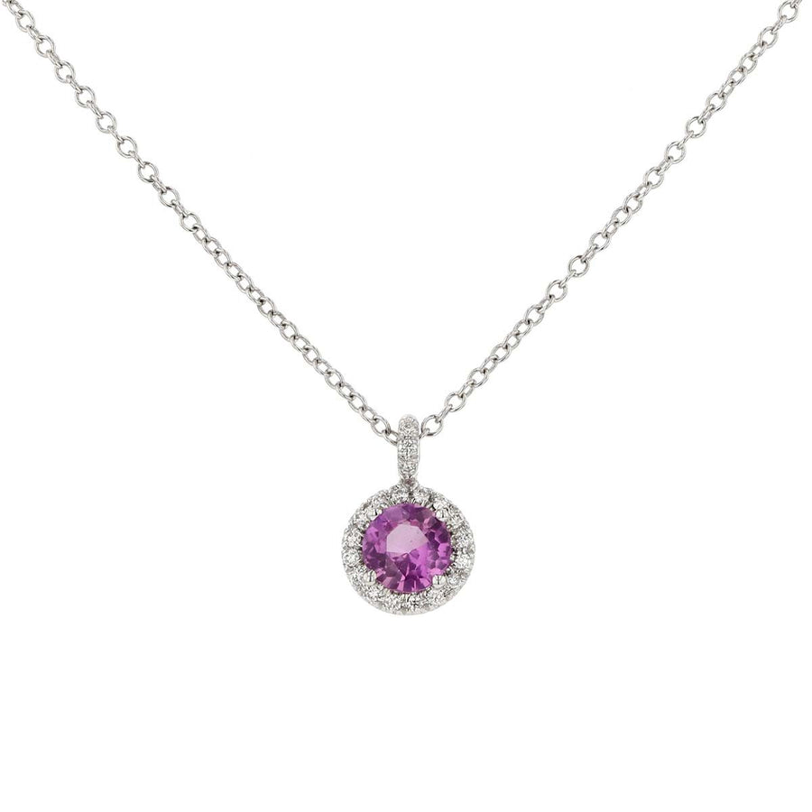 Pink Sapphire and Diamond Halo Pendant Necklace