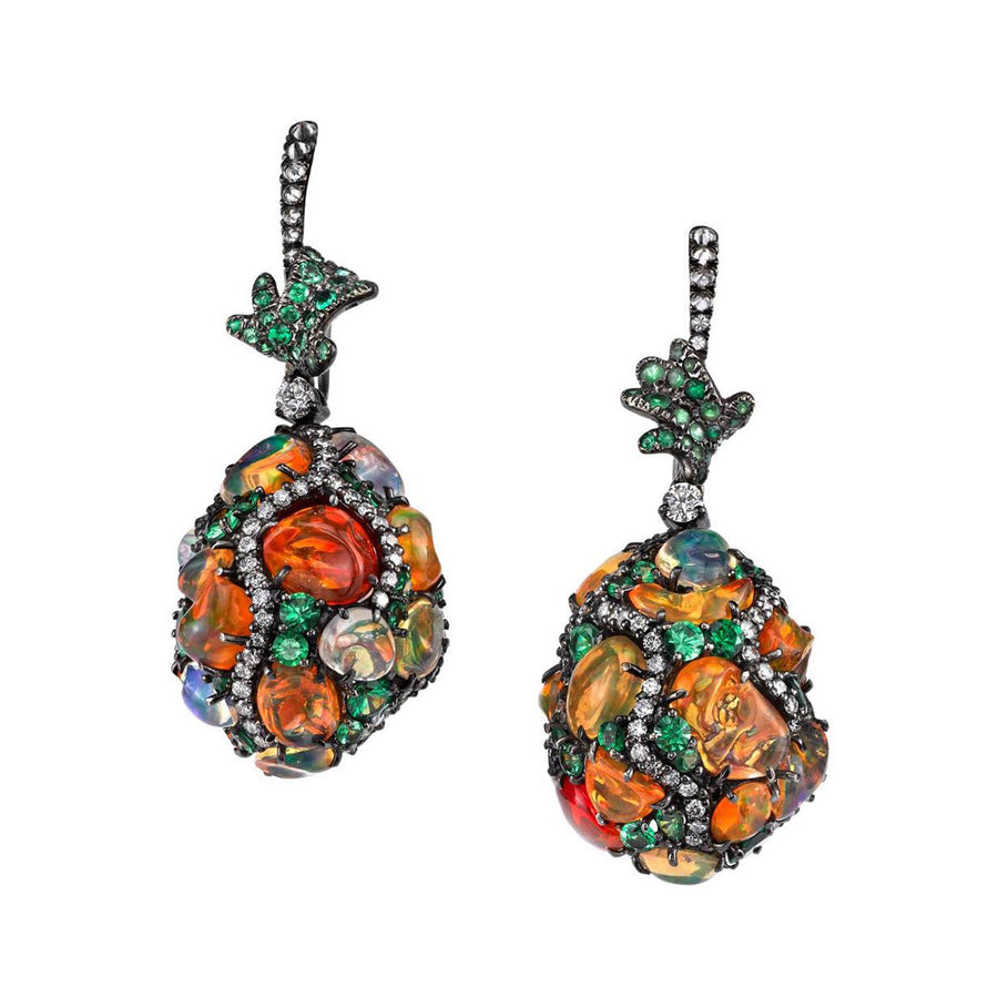 Fire Opal Eggs Drop Earrings with Tsavorite and Diamonds