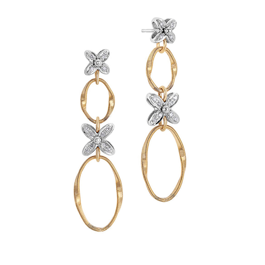 18K Yellow and White Gold Double Drop Earrings with Diamond Flowers