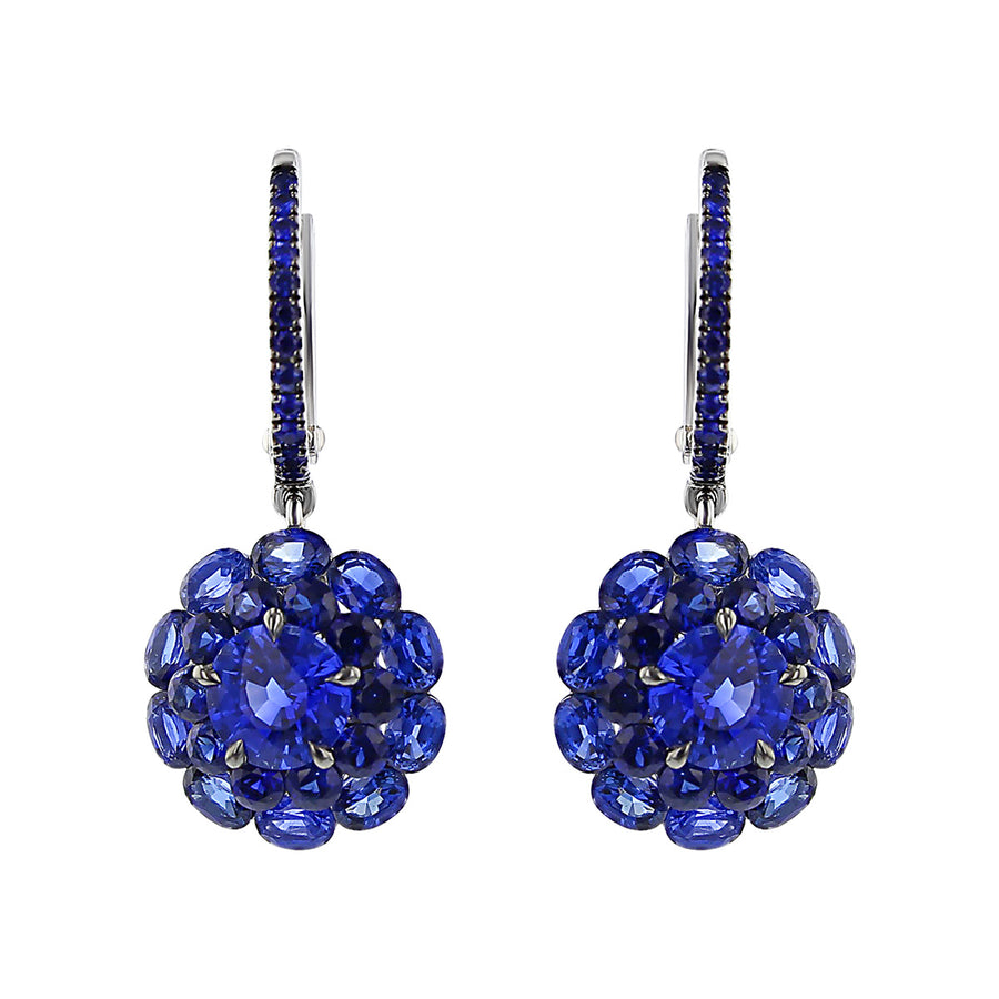 18K White Gold Sapphire Halo Cluster Drop Earrings