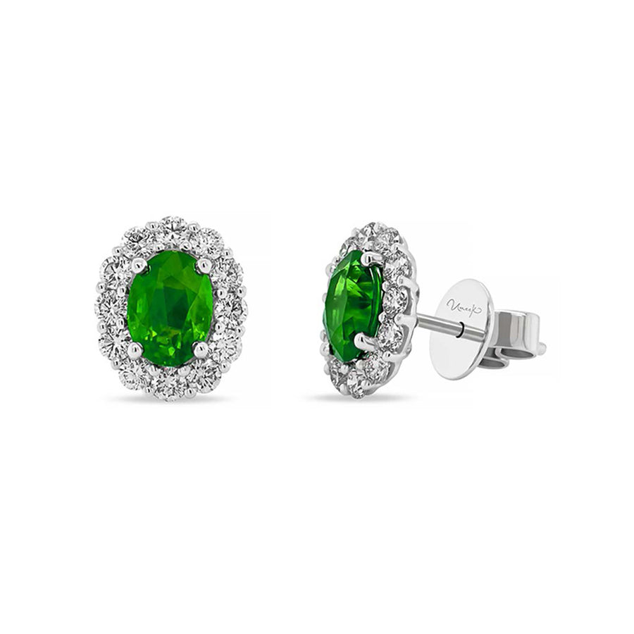 Oval Emerald and Diamond Halo Stud Earrings