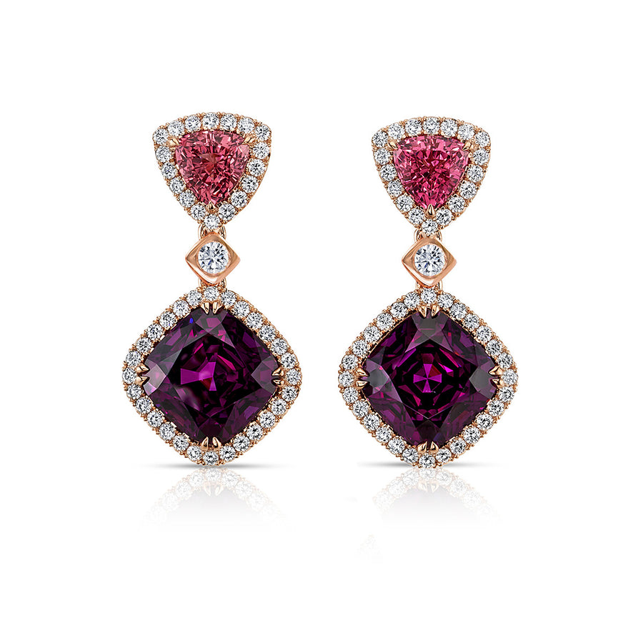 Purple Garnet, Pink Spinel and Diamond Earrings