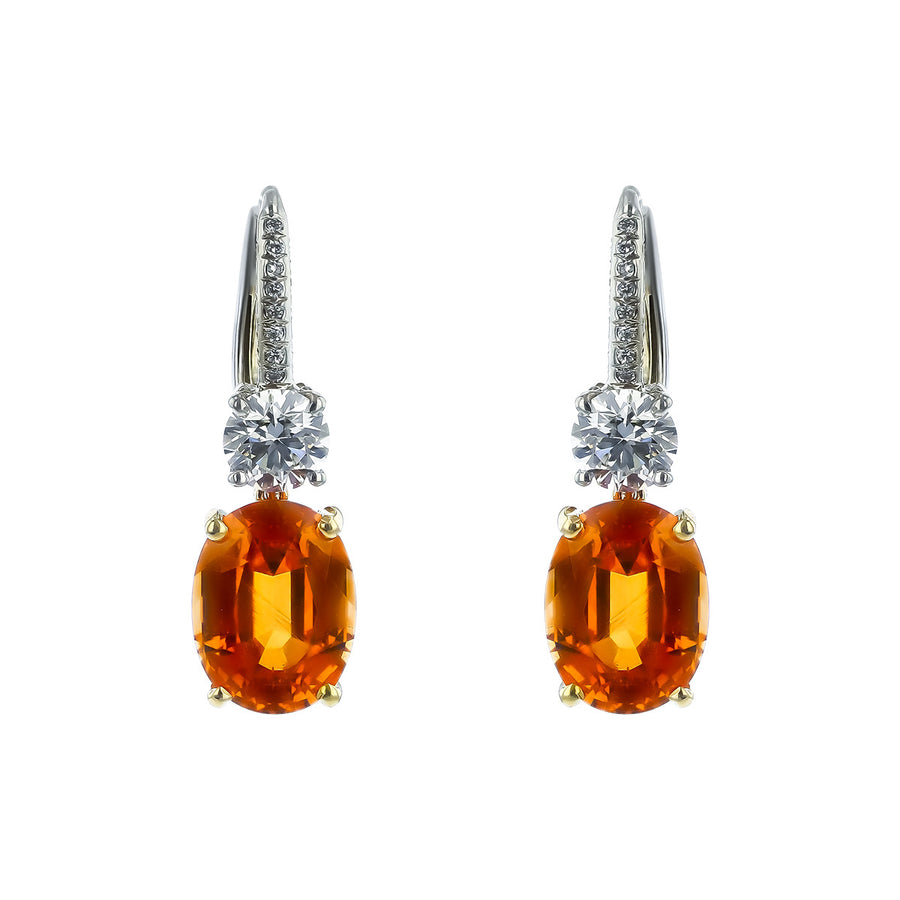 Gold and Platinum Mandarin Garnet and Diamond Earrings