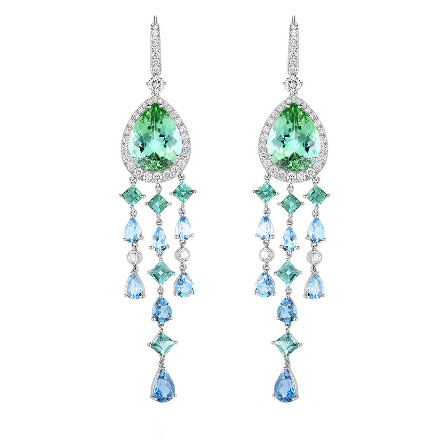 Tourmaline, Aquamarine and Diamond Drop Earrings