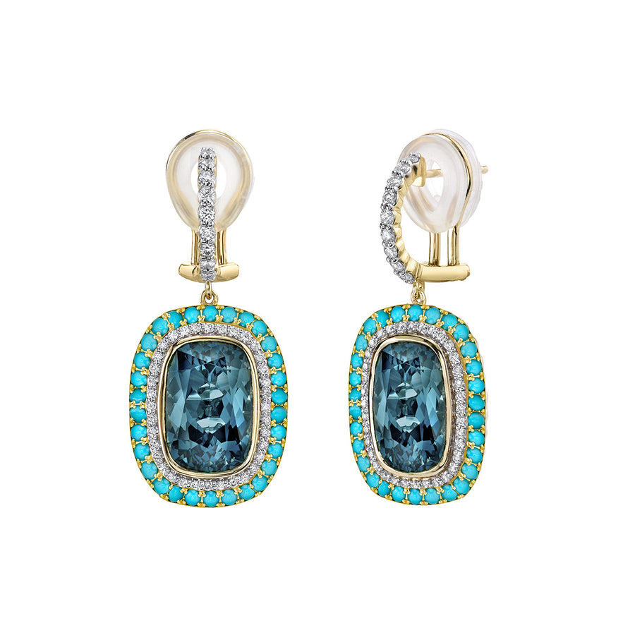 Topaz, Turquoise and Diamond Halo Drop Earrings