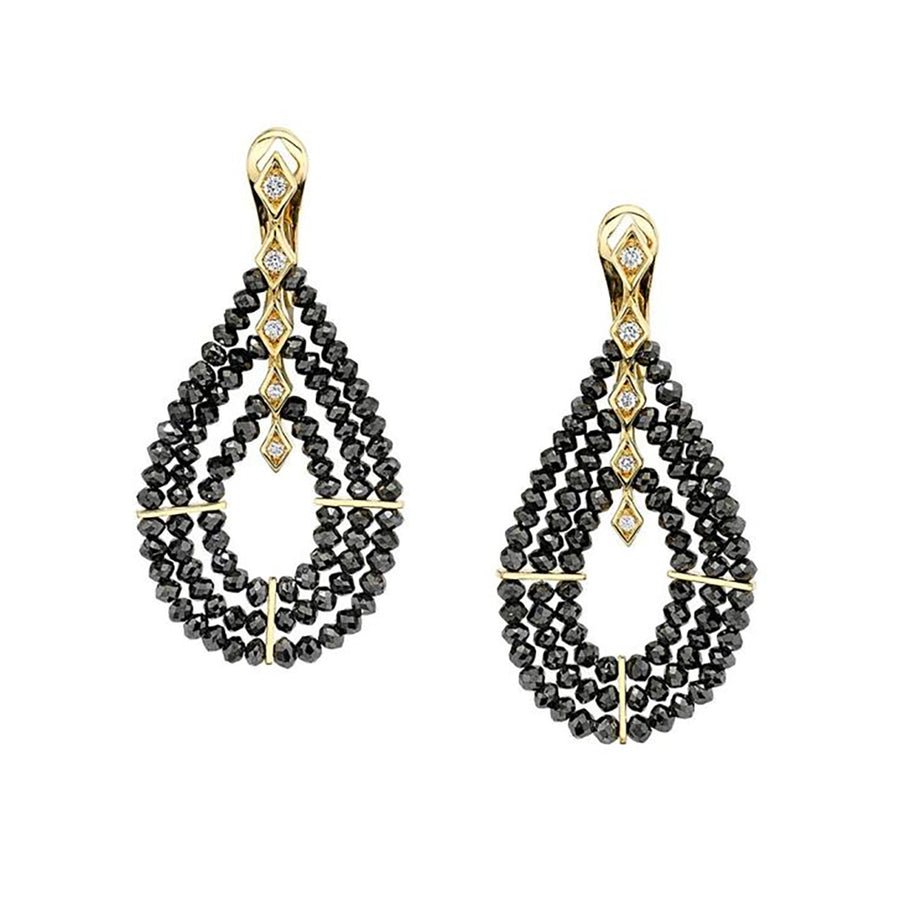Black Diamond Beads and Diamond 3 Row Teardrop Earrings