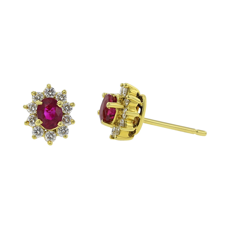 Oval Ruby and Diamond Halo Stud Earrings