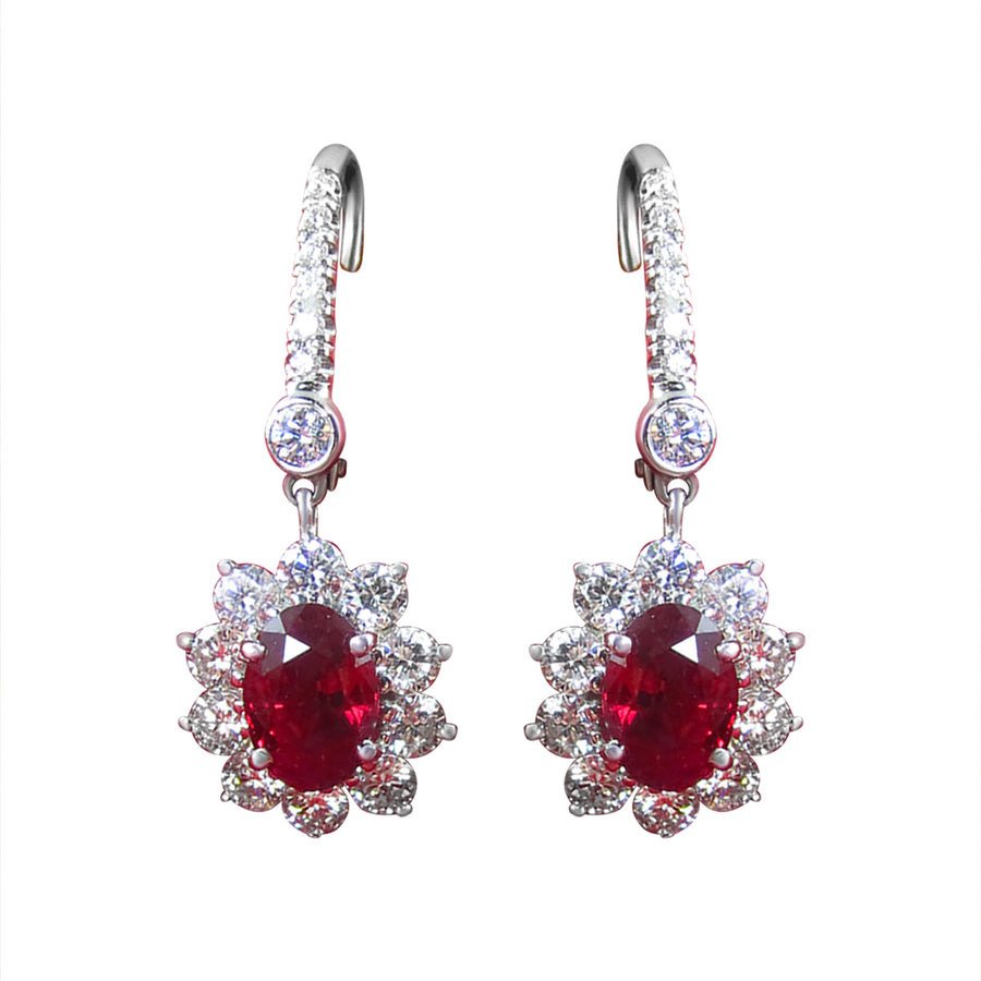 Platinum Ruby and Diamond Halo Drop Earrings