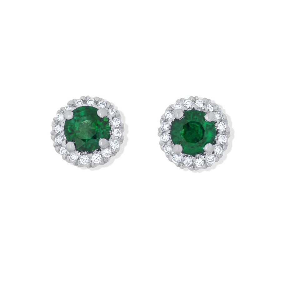 Platinum Emerald and Diamond Halo Stud Earrings