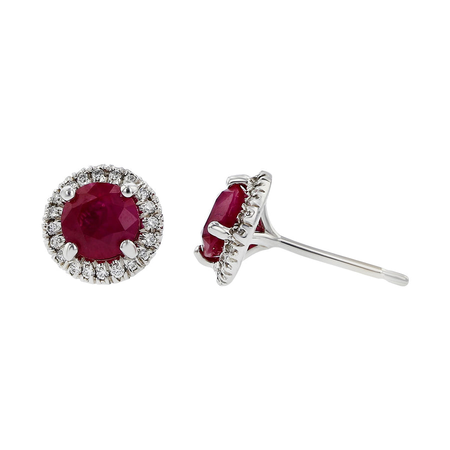 Platinum Ruby and Diamond Halo Earrings