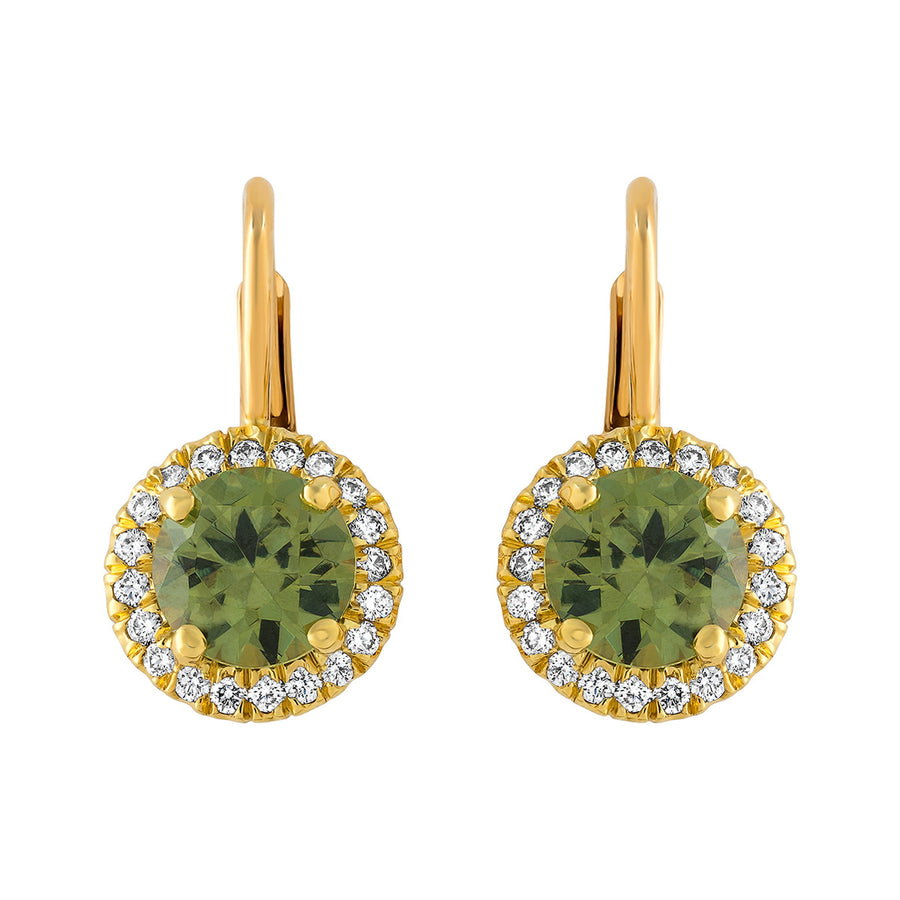 Demantoid Garnet and Diamond Halo Drop Earrings