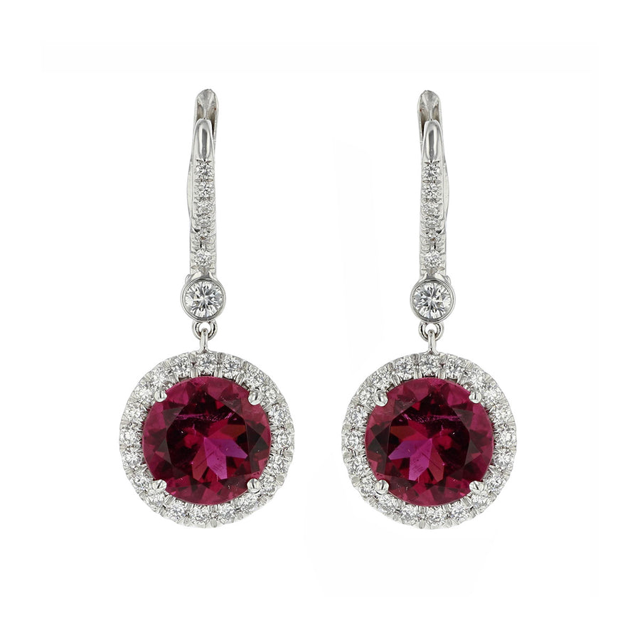 Rubellite and Diamond Halo Drop Earrings