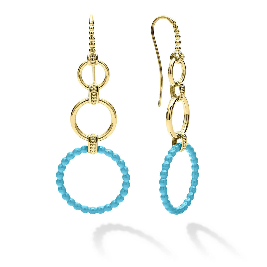 Three Gold and Blue Ceramic Circle Drop Earrings