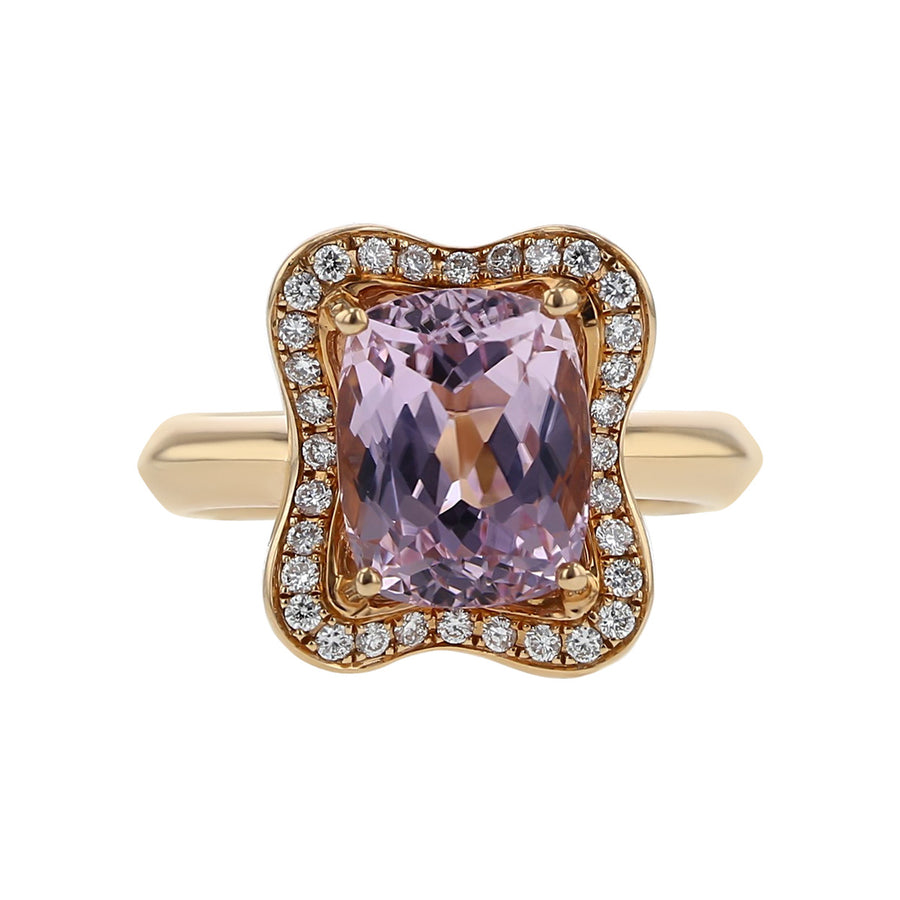 Kunzite and Diamond Wavy Halo Ring