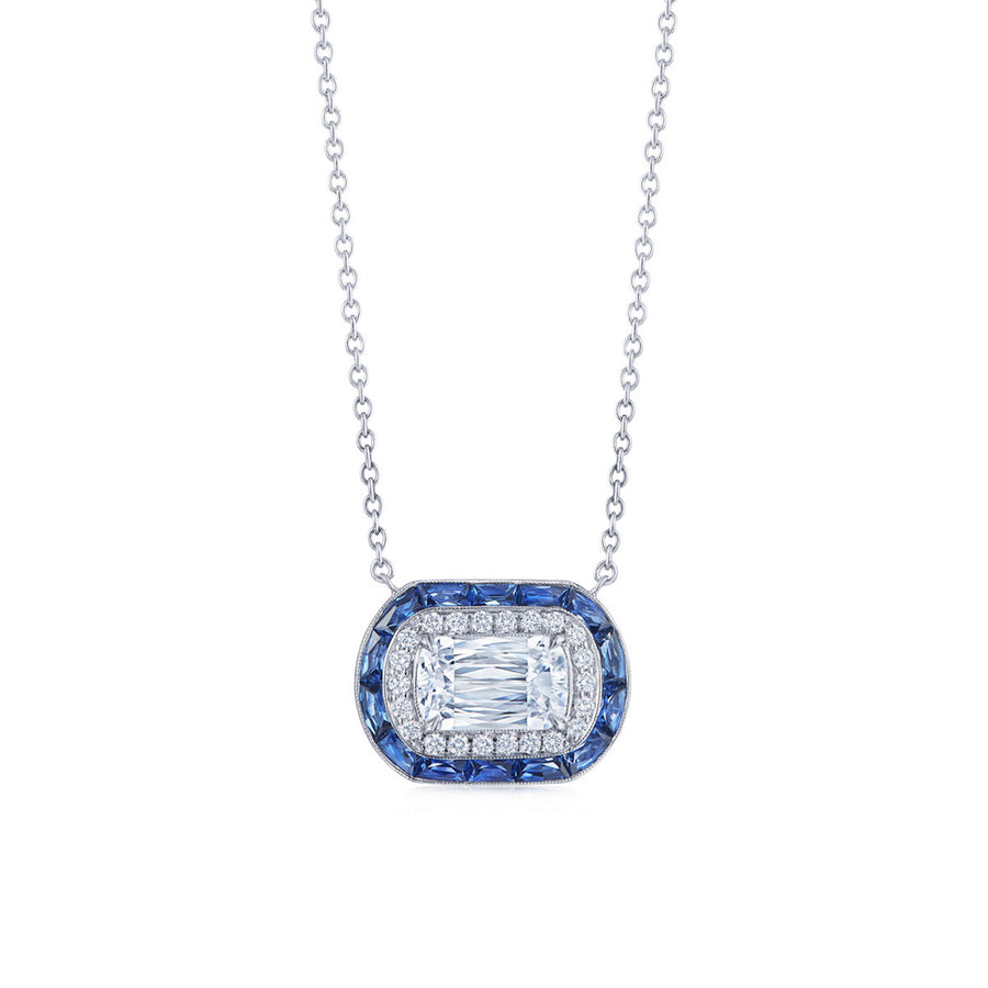Ashoka Diamond and Calibre Sapphire Halo Pendant