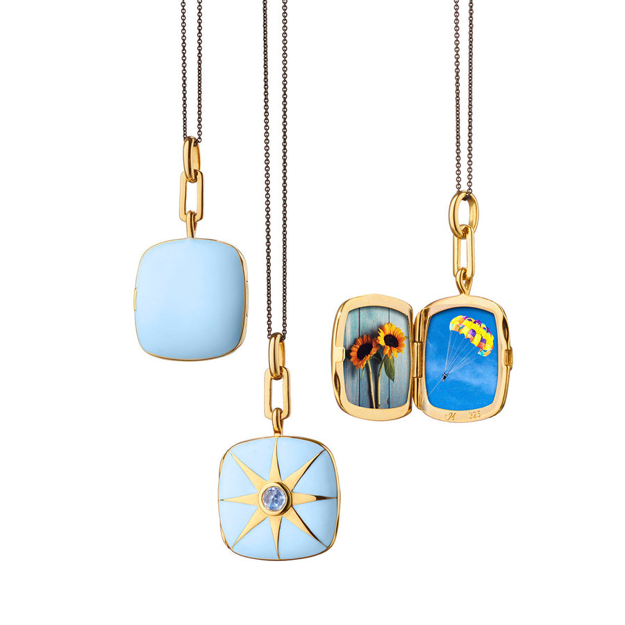 Blue Enamel Vermeil Cushion Locket with Blue Sapphire
