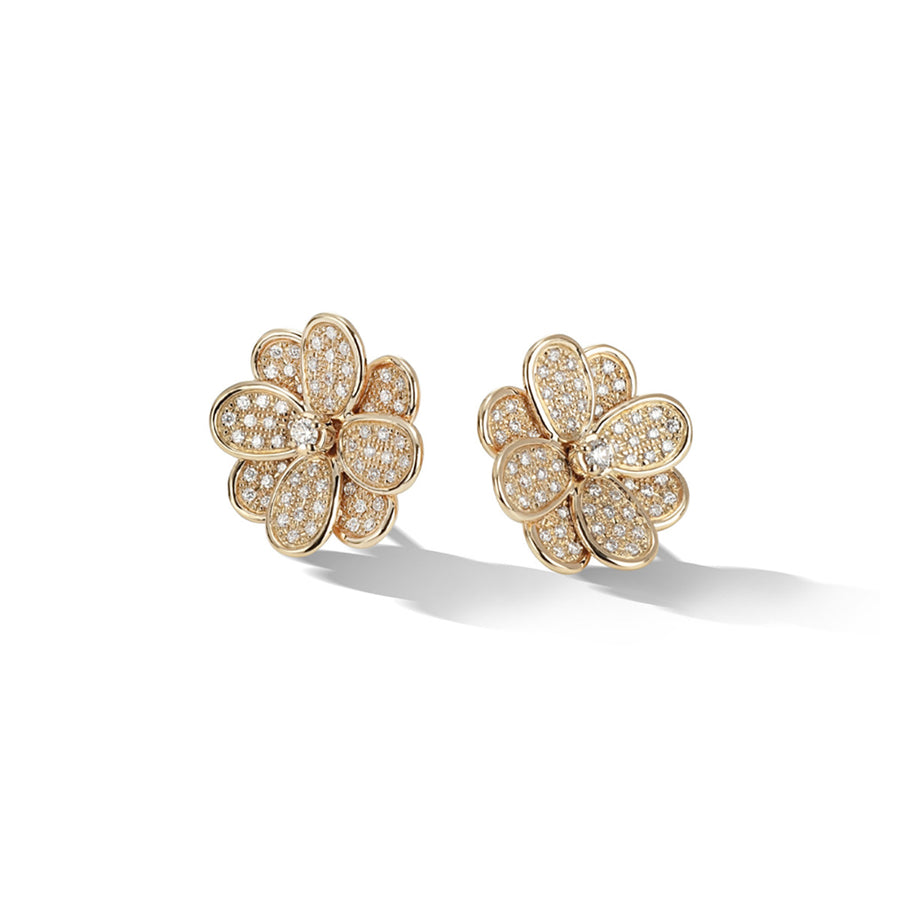18K Yellow Gold and Full Pave Flower Stud Earrings
