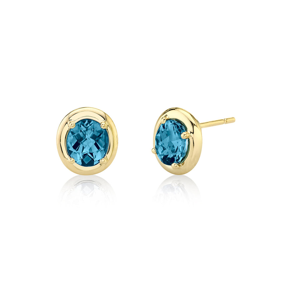 14K Yellow Gold Checkerboard Cut London Blue Topaz Stud Earrings