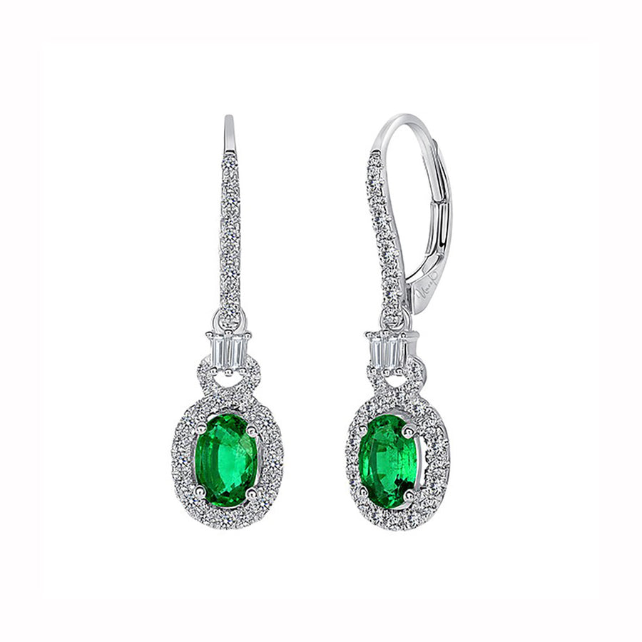 Halo Oval Shaped Emerald Dangle Earrings