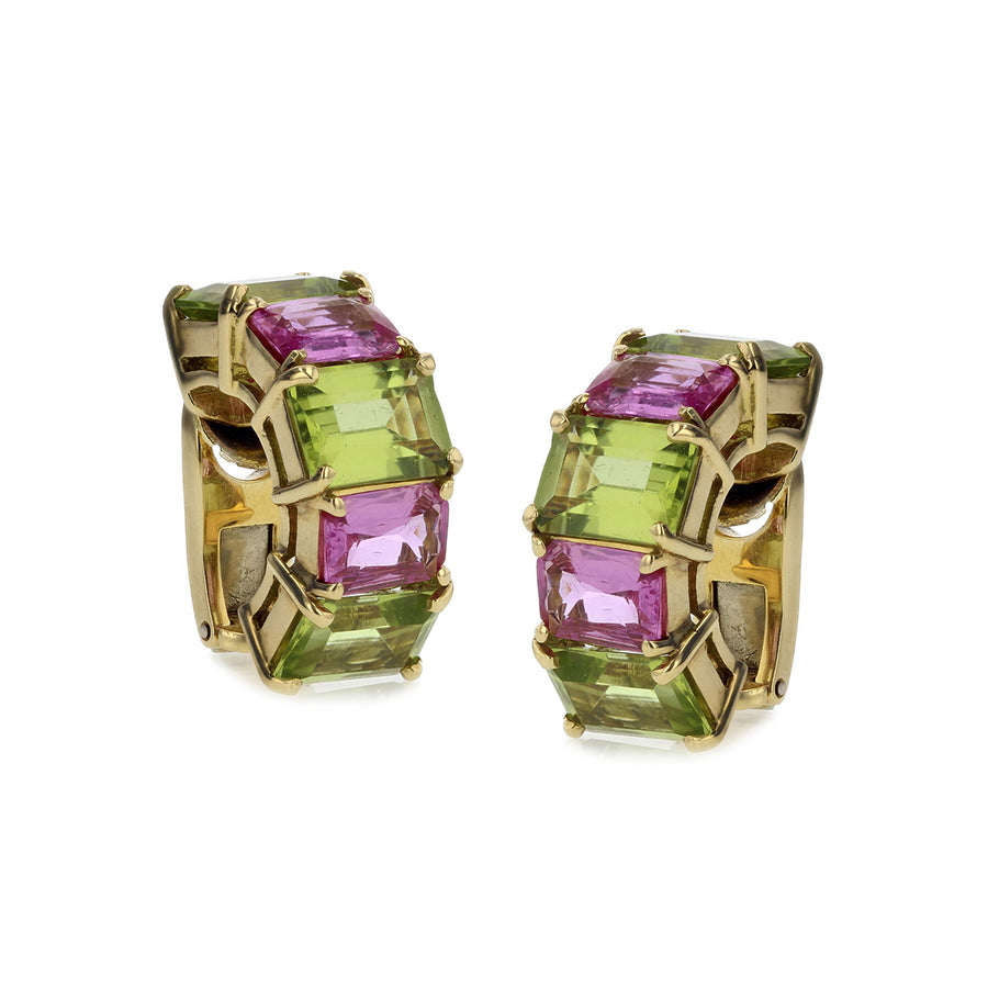 Pink Sapphire and Peridot Huggie Earrings