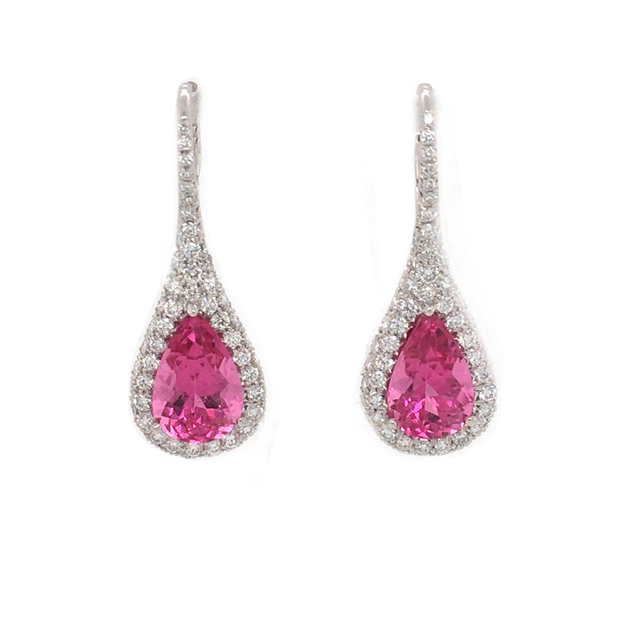 Pear Rubellite and Diamond Halo Drop Earrings