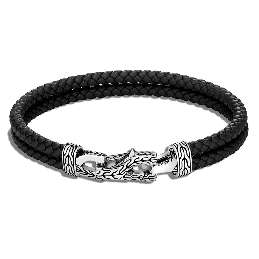 Asli Classic Chain Link Silver Bracelet on Double Black Woven Leather