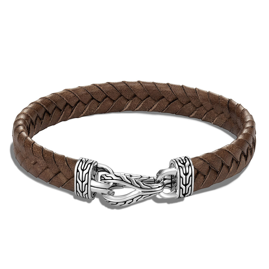 Asli Classic Chain Link Silver Bracelet on Brown Braided Leather