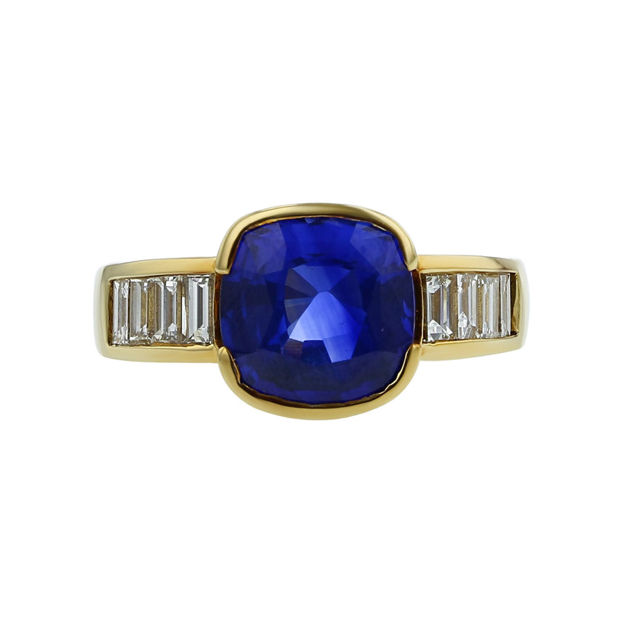 Cushion Sapphire Ring with Side Baguette Diamonds