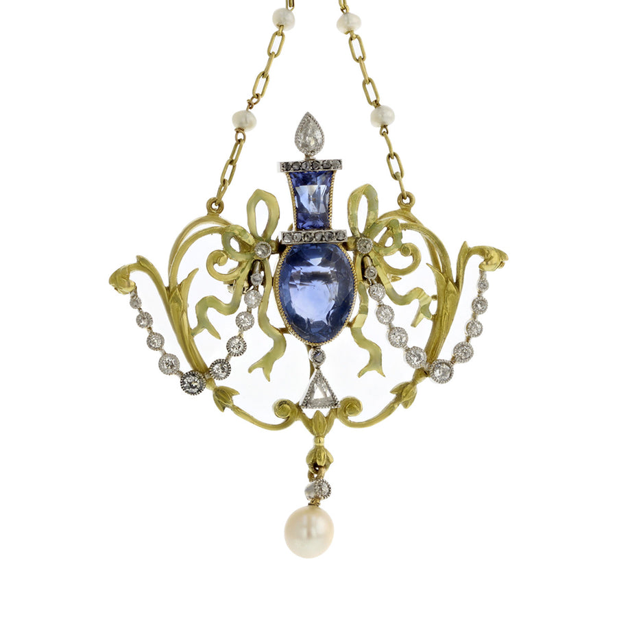 Art Nouveau Sapphire, Diamond and Pearl Necklace
