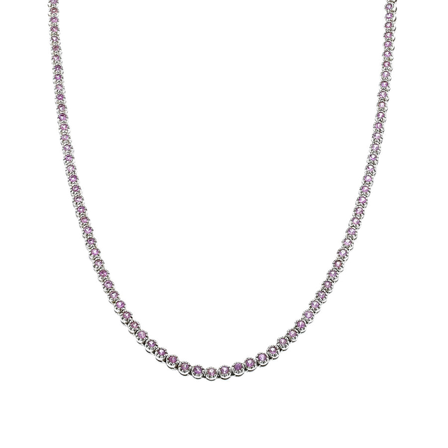 18K White Gold Round Pink Sapphire Necklace
