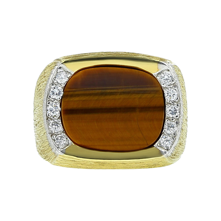 14K Gold Tiger's Eye and Diamond Mens Ring