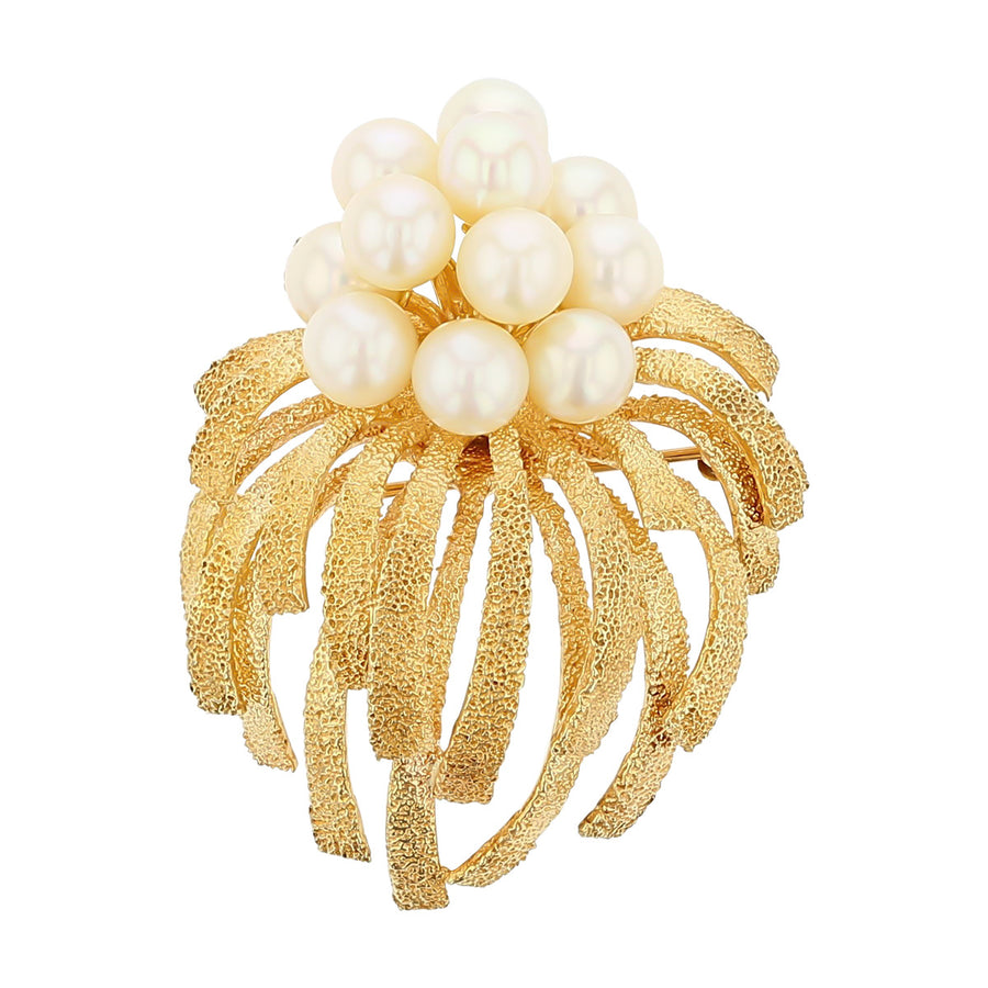 14K Yellow Gold Pearl Cluster Floral Spray Pin