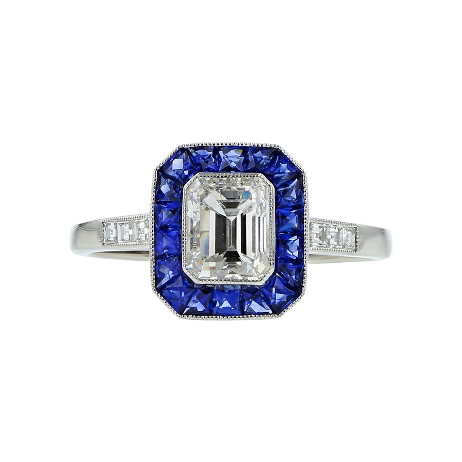 Platinum Emerald-Cut Diamond and Sapphire Ring