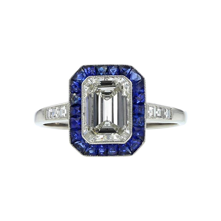 Platinum Emerald-Cut Diamond and Sapphire Ring