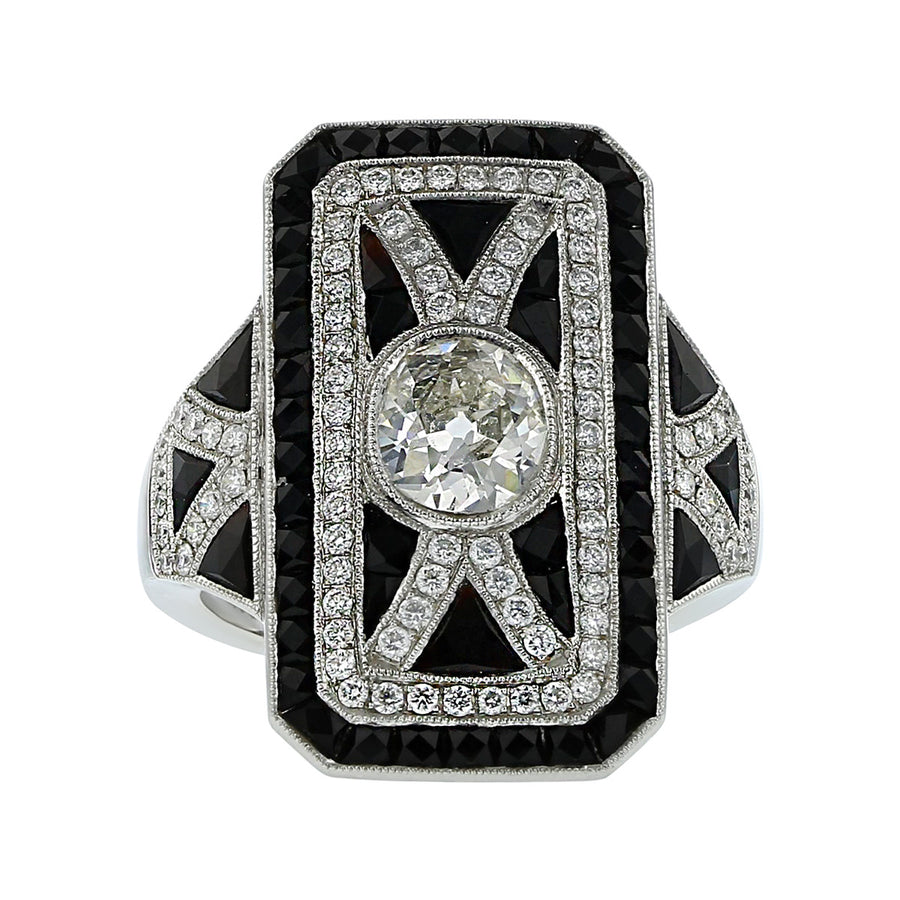 Platinum Old Mine-Cut Diamond and Onyx Ring