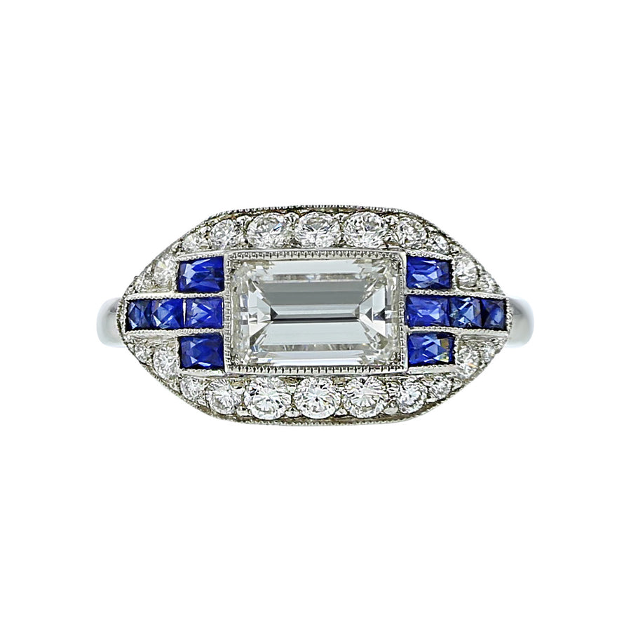 Platinum Emerald-Cut Diamond and Sapphire Ring