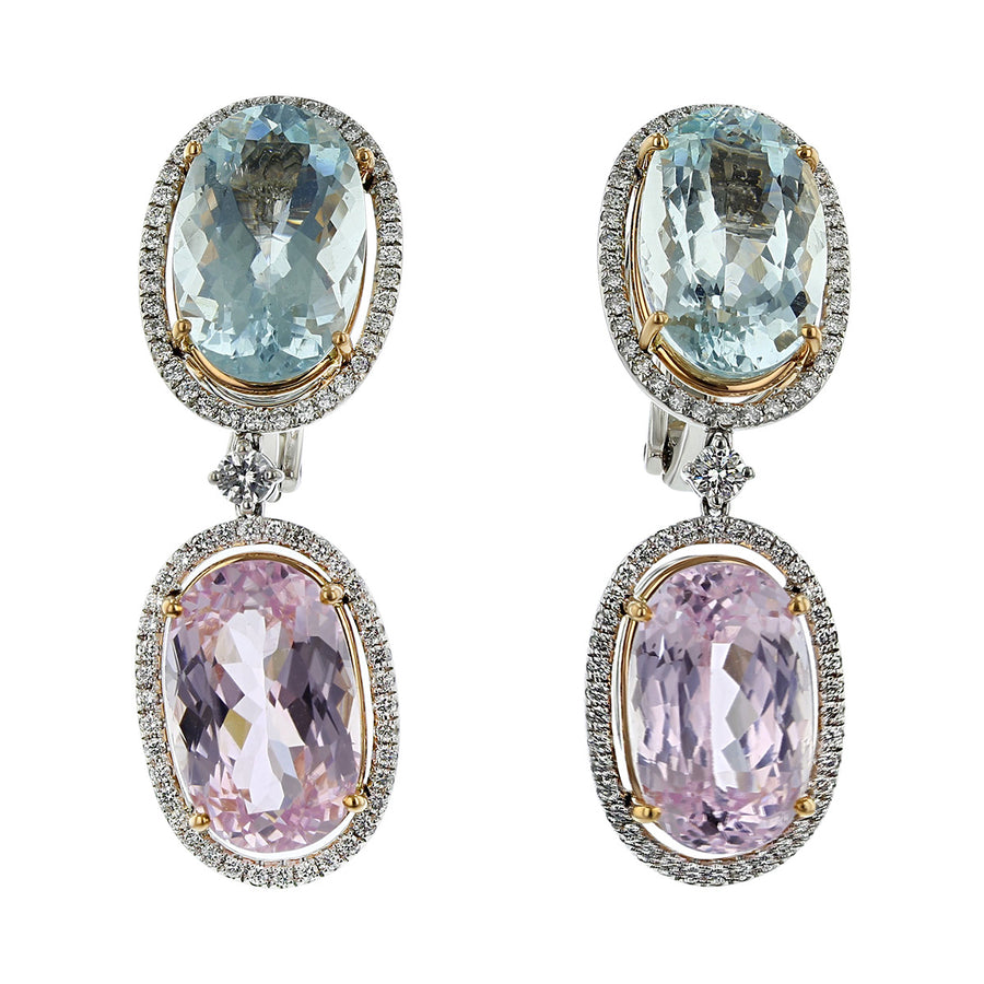 18K White Gold Aquamarine, Kunzite and Diamond Earrings