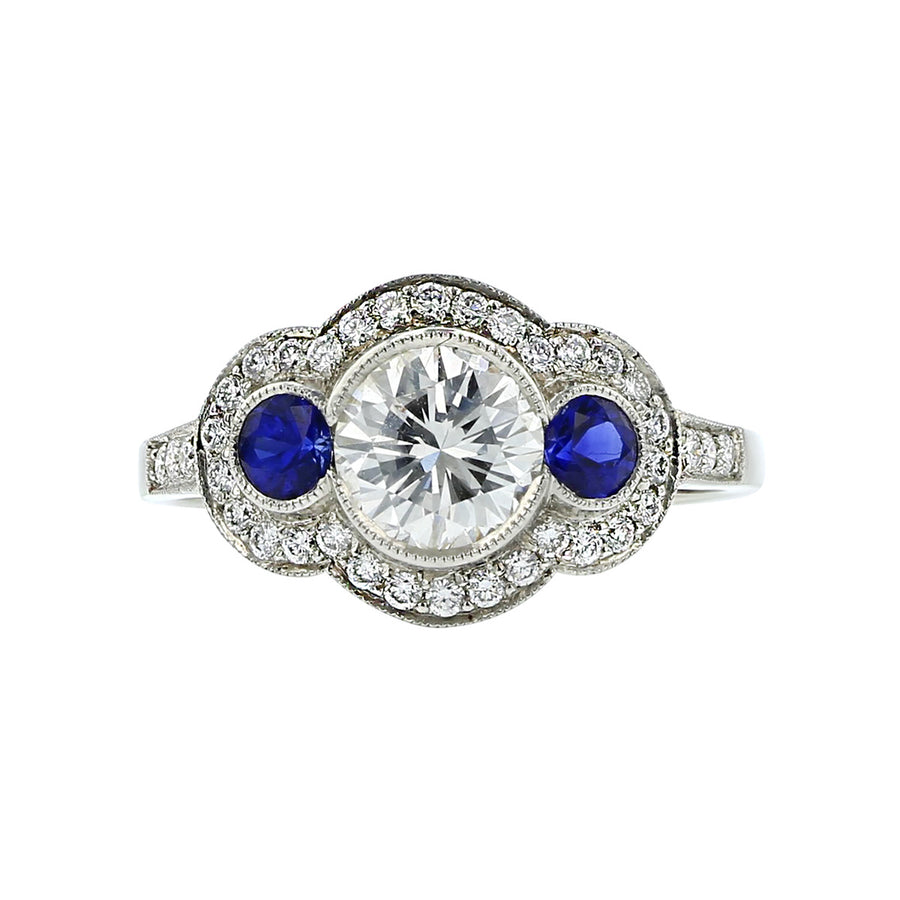 Platinum Round Diamond and Round Sapphire Ring