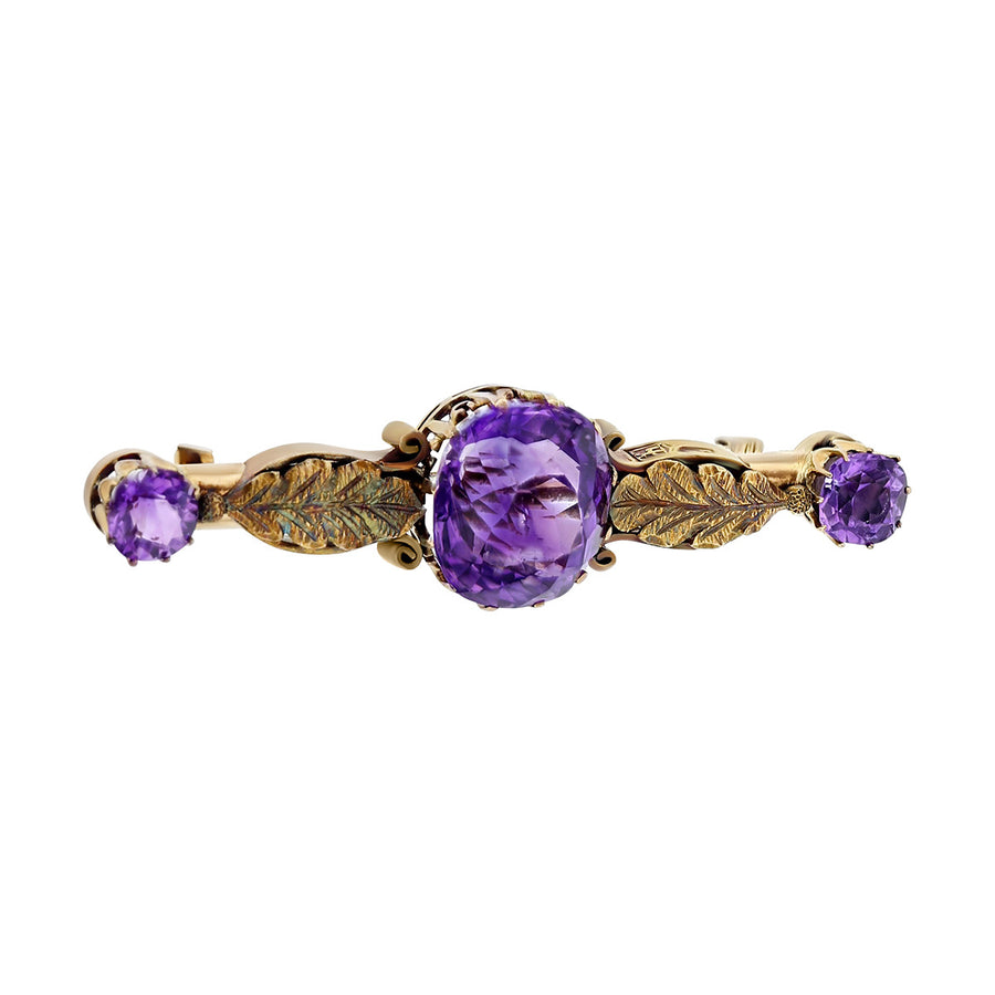 Retro 14K Yellow Gold Amethyst Leaf Bar Pin