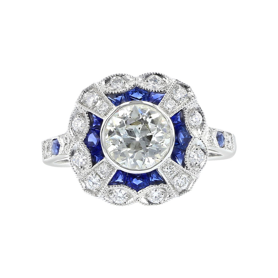 Platinum European-Cut Diamond and Sapphire Ring