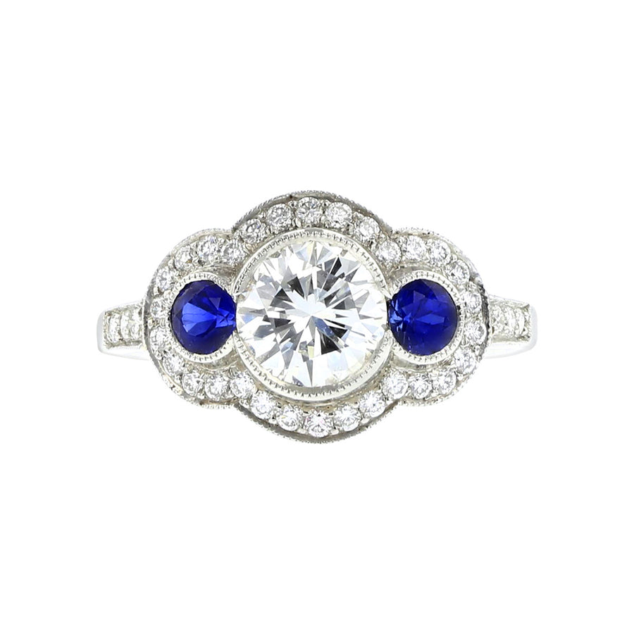 Platinum Diamond and Sapphire 3-Stone Halo Ring