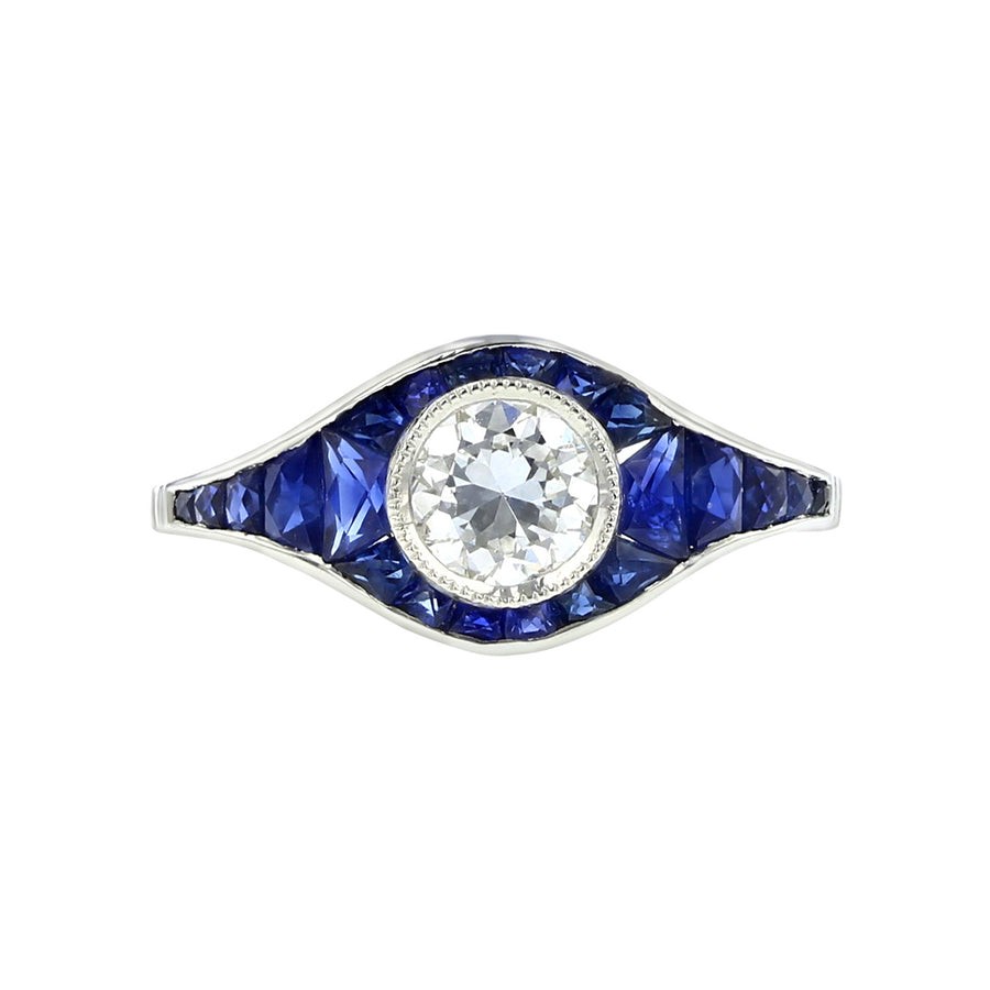 1.12 Carat European-Cut Diamond and Sapphire Ring