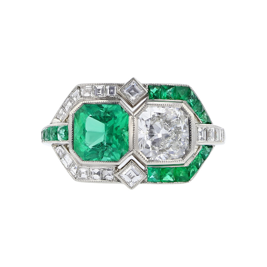 Radiant Diamond and Emerald-Cut Emerald Ring