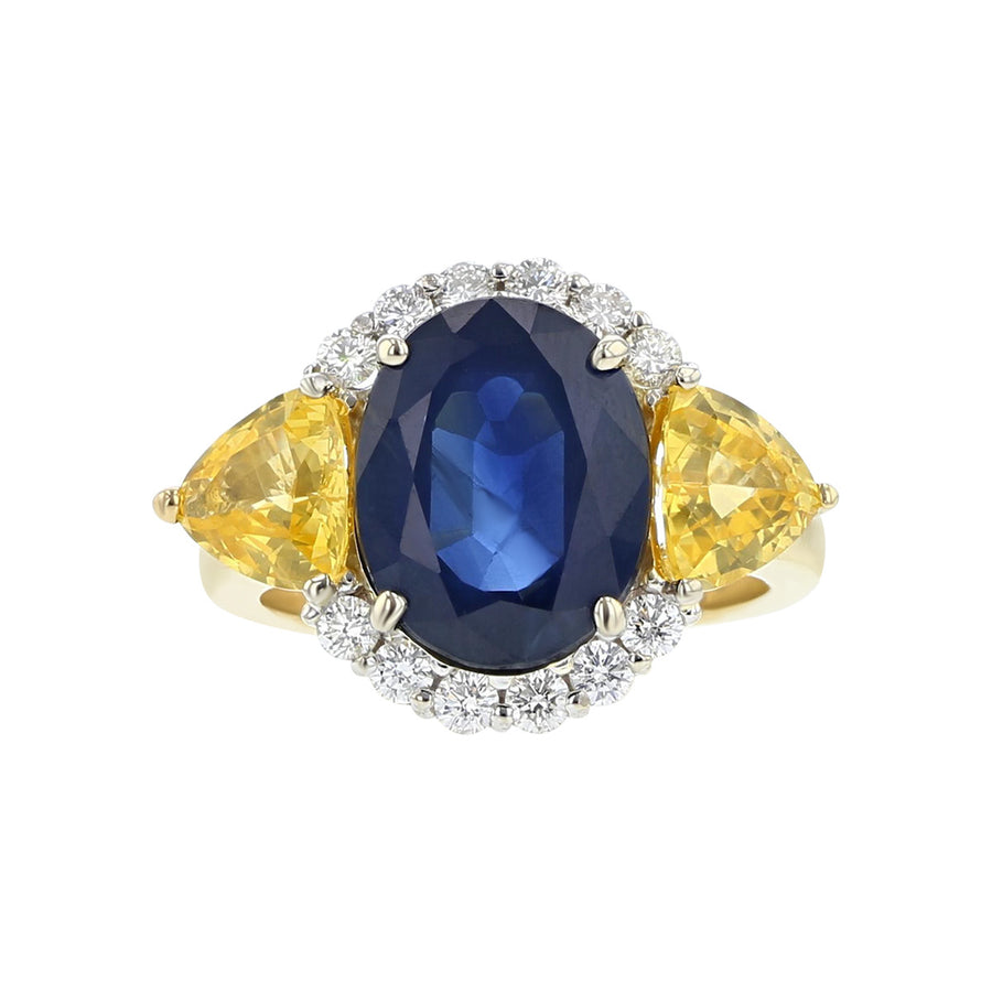 Sapphire, Diamond Halo and Yellow Sapphire Ring