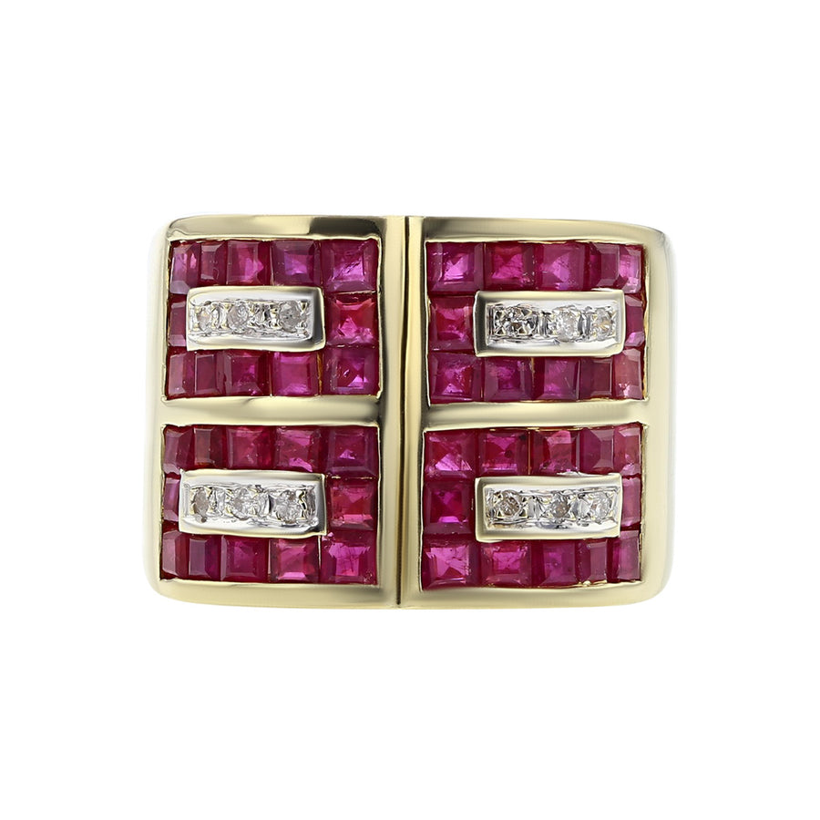 14K Yellow Gold Square Rubies and Diamonds Ring